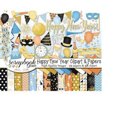 HAPPY NEW YEAR Clipart and Papers Kit, 38 png Clip Arts, 22 jpeg Papers Instant Download champagne wine party new year&3