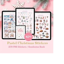 pink christmas digital sticker book, pastel holiday stickers for goodnotes planner,  png christmas clip art