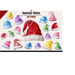 santas hat clipart bundle, christmas hat watercolor png, collection of santas hats in red pink blue violet yellow green