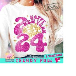 Happy New Year 2024 Glitter PNG New Year&39s Eve Pink Glitter designs Png Groovy Disco Ball 2024 Png New year Png Retro