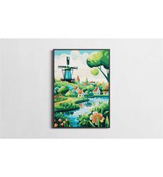 countryside windmill wall art, netherlands poster for cottagecore