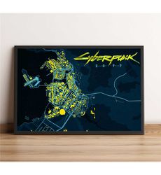 cyberpunk map poster, night city wall art, neo