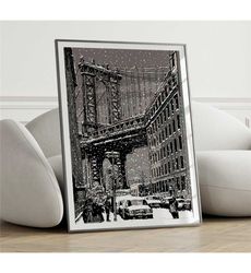 manhattan bridge poster, snow view from brooklyn, vector