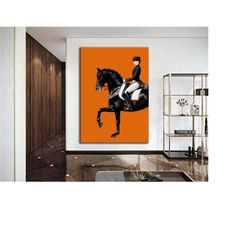 woman riding horse canvas print - woman riding horse wall decor - orange riding horse wall art - horse woman orange abst