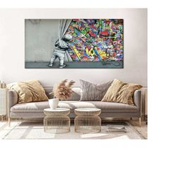 banksy behind the curtain canvas print - behind the curtain wall art - banksy street art - behind the curtain home decor