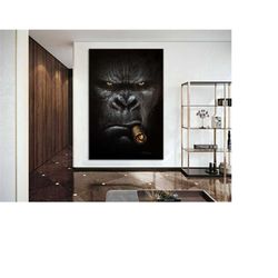 gorilla smoking canvas print - gorilla smoking wall art - gorilla print gift - modern gorilla smoking canvas art