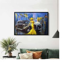 vintage car with lady, woman in yellow dress canvas, vintage car wall art, retro car print, car poster, car wall art, cl