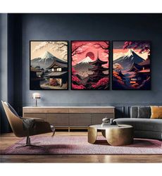 japanese temple and mountain art poster, japanese landscape