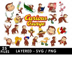 curious george svg files, curious george png files, vector png images, svg cut file for cricut, clipart bundle pack