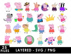 peppa pig svg files, peppa pig png files, vector png images, svg cut file for cricut, clipart bundle pack