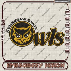 kennesaw state owls machine embroidery design, ncaa ksu owls embroidery, sport embroidery, ncaa embroidery