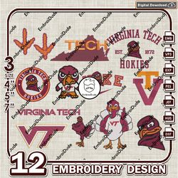 12 virginia tech hokies bundle embroidery files, ncaa virginia tech hokies logo embroidery design, ncaa bundle emb files