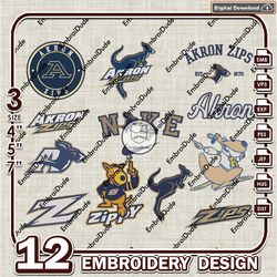 12 akron zips bundle embroidery files, ncaa akron zips team logo embroidery design, ncaa bundle emb designs