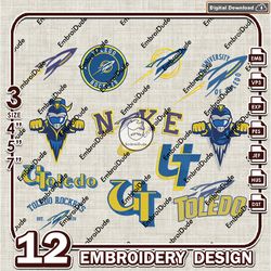 12 toledo rockets bundle embroidery files, ncaa toledo rockets team logo embroidery design, ncaa bundle emb design