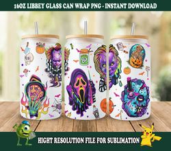 horror png, horror characters 16oz libbey can glass, horror characters full glass can wrap, funny horror tumbler wrap 1