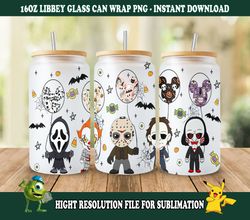 horror png, horror characters 16oz libbey can glass, horror characters full glass can wrap, funny horror tumbler wrap