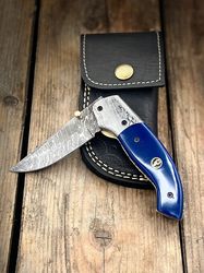 7.25" blue acrylic gentleman's damascus steel liner lock folding knife