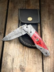 7.5" red wood damascus steel knife w/clip & damascus bolster