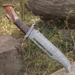 handmade knife forged damascus steel hunting knife bowie knife rambo knife deer stag antler handle custom knife wh 44h k