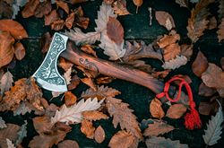 handmade axe with deer head engraved and leather sheath, personalised viking axe, handforged axe