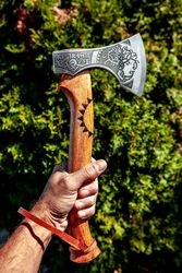 handmade axe with head engraved and leather sheath, personalised viking axe, handforged axe