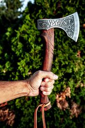 handmade axe with clock head engraved and leather sheath, personalised viking axe, handforged axe