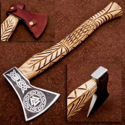 custom handmade high carbon steel viking axe, forged battle nordic bearded camping axe with engraved handle