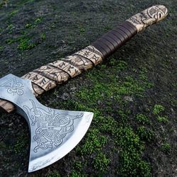 custom gift forged carbon steel axe with rose wood shaft, viking bearded camping axe, best birthday gift for him