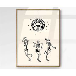 dancing skeletons halloween wall art, disco ball aesthetic print, funky wall art, trendy poster, elegant wall decor, hou