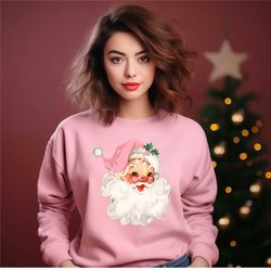 pink christmas santa sweatshirt, retro pink santa hat sweater, classic christmas santa