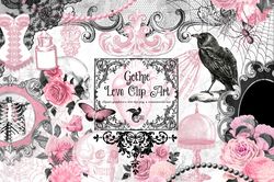 gothic love clipart graphic png, skulls design, pink png, black clipart