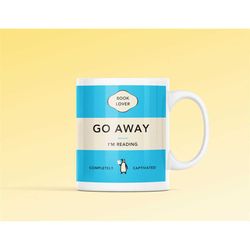 go away i'm reading mug - blue, book lover, penguin inspired mug, penguin books, love reading, bookworm gift, penguin bo