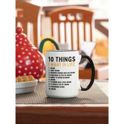 10 things i want drum mug, drummer gifts, funny drum set coffee cup, drumming enthusiast present, ten things i want in l