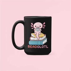 readolotl mug, axolotl reading coffee cup, reader gifts, book lover mug, funny cute axolotl, bookworm gifts, english tea