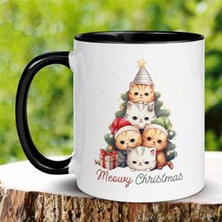 cat mom gift, cat dad gift, meowy christmas mug, cat mug, christmas tree mug, cat lover gift, christmas cat holiday mug,