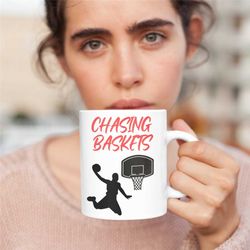 chasing baskets basketball mug, b-ball, roundball, basketball fan, unique basketball mug, novelty basketball mug, basket