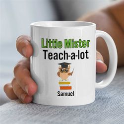 Custom 'Little Mister Teach-A-Lot' Mug, Funny Owl, Personalized Gift for University Lecturers, Office, Educator Mom, Ten