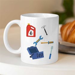 personalized mechanic's tools mug, custom gift for gearhead, car lover dad, for him, motorbike & automotive mechanic, bi