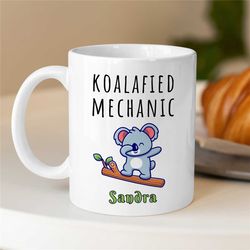 personalized 'koalafied mechanic' mug, koala, custom gift for gearhead, car lover dad, for him, motorbike & automotive m