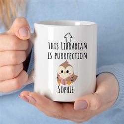 custom 'purrfection' librarian mug, personalized gift for library staff, bookworms, reading owl, coworker, birthday, app