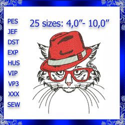 cat in hat machine embroidery instant download kitty cat design kitten boy embroidery cat glasses cat face embroidery