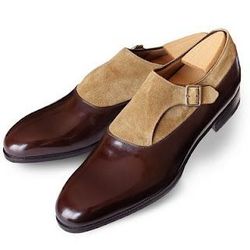 men's handmade fashion brown and beige two tone monk shoes