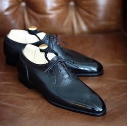 men's handmade black leather lace up dress shoes