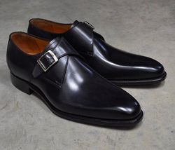 men's handmade black leather single buckle monk strap dress shoes