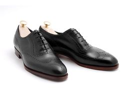 men's handmade black leather wing tip oxford lace up shoes