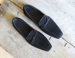 men's handmade black suede loafer slip on