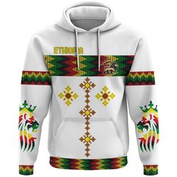 Ethiopia Rasta Round Pattern White Hoodie, African Hoodie For Men Women