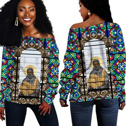 saint benedict of the african on stained glass women's off shoulder sweater, african women off shoulder for women