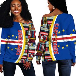 cape verde flag and kente pattern special women's off shoulder sweaters, african women off shoulder for women