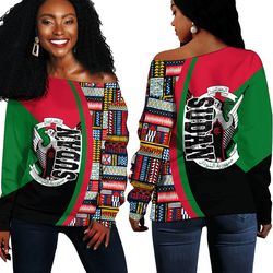 Sudan Flag and Kente Pattern Special Women's Off Shoulder Sweaters, African Women Off Shoulder For Women